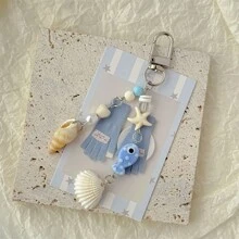 1 pieza Lindo y creativo llavero con cuentas de pez y estrella de mar, correa para teléfono móvil, colgante de bolso, adecuado para uso diario y como regalo