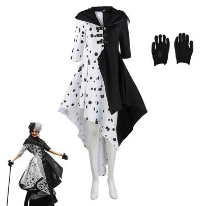 101 Loyal Dog Cosplay Dress, Black And White Witch Kuira Deville Spotted Costume Performance Outfit Halloween