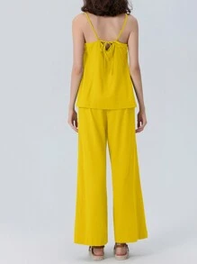 Women's Summer Outfits Solid Color Sleeveless Cami Tops With Loose Wide Leg Pants 2 Pcs Set - Yellow - View 6