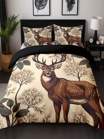 Juego de funda nórdica con estampado de animales forestales en 3D - venado, para dormitorio y habitación de invitados - 3 piezas (1*funda nórdica + 2*fundas de almohada, sin relleno) - lavable a máquina, de temporada, con cierre de cremallera, tela de poliéster, impresión digital