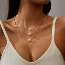 1pc/3pcs Minimalist Beach Vacation Style Faux Pearl Handmade Back Necklace, Elegant & Sexy Tassel Body Chain