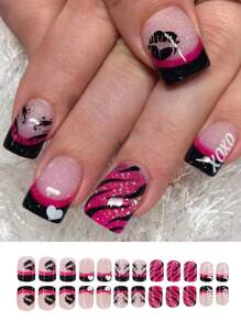 24 Peças Unhas Quadradas Curtas, Unhas Criativas de Dia dos Namorados Românticas de Amor Francesas Falsas, Unhas de Arte, Unhas Postiças, Vestidos de Noiva Presente do Dia dos Namorados. Suprimentos de Unhas