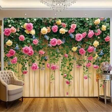 One Piece, Flower Wall Background, Spring Background, Spring Flower Photo Background, Brown Wooden Board Flower Wall Photography Background, Birthday Party, Wedding Baptism Photography Background