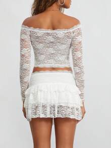 Women Lace Skirt Set Fairycore See Through Off Shoulder Long Sleeve Crop Tops and Mini Skirt Suit 2 Piece Outfits Streetwear - Blanco - Ver 7