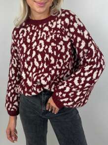 Women's Autumn Loose Sweater Leopard Pattern Long Sleeve Round Neck Knitwear Pullover - Burgundy - View 2