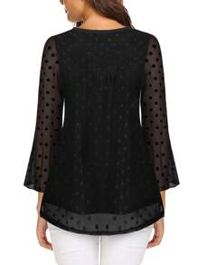 CheersLife Women Ruffle 3/4 Sleeve V Neck Double Layers Mesh Blouses Loose Fit Flowy Tunic Tops - Black - View 4