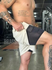 KIT 2 Shorts 2 In 1 Dry Fit Lined Bermuda Men's Gym Running Training With Elastane - Màu be - Xem 3