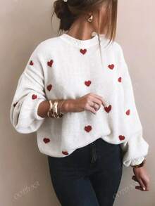 Plus Size Women's Valentine's Day Love Printed Pullover Sweater Tops - White - View 1