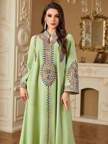 Vestido largo de manga larga con cuello en V, bordado de lentejuelas y cordón de amarre, estilo árabe para primavera/verano, modesto kaftan - Verde - Ver 3