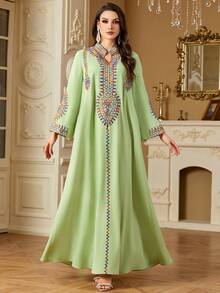 Vestido largo de manga larga con cuello en V, bordado de lentejuelas y cordón de amarre, estilo árabe para primavera/verano, modesto kaftan - Verde - Ver 5