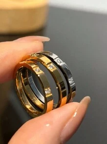 1 pieza Anillo con forma de corazón de acero inoxidable en color oro rosa/plateado con 3 piedras cúbicas de circonia, regalo de joyería para parejas/bodas