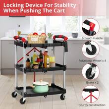 Portable Folding Service Cart, 3 Tier Foldable Rolling Cart, Collapsible Push Cart With Wheels, Foldable Utility Carts For Home/Office/Warehouse, 56 Lbs Load Capacity Per Shelf - 黑色 - 查看 3