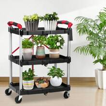 Portable Folding Service Cart, 3 Tier Foldable Rolling Cart, Collapsible Push Cart With Wheels, Foldable Utility Carts For Home/Office/Warehouse, 56 Lbs Load Capacity Per Shelf - 黑色 - 查看 6