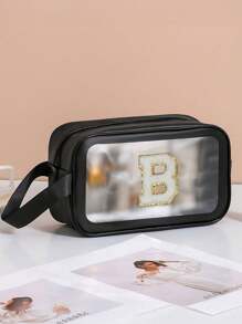 Bolsas de aseo con letra de la A a la Z, de moda y sencillas, tanto para hombres como para mujeres. Bolsas cosméticas impermeables y transparentes de tamaño de cuarto de galón para viajes, aptas para ambos sexos, se pueden llevar en avión y regalar como un regalo para tu novia, un neceser de maquillaje para viajar, un organizador de baño, útiles escolares - Negro - Ver 17