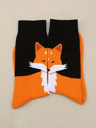 1 Pair Colorblock Cartoon Fox Pattern Fashion Unisex Casual Socks, Soft & Comfortable Mid-Calf Socks For Daily Wear