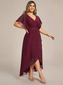Plus Elegancka Aplikacja Haftowana Dekoracja Wrap Split Hem Sukienka Koktajlowa, Sukienka Imprezowa, Sukienka Gościnna Weselna - Burgund - Zobacz 3