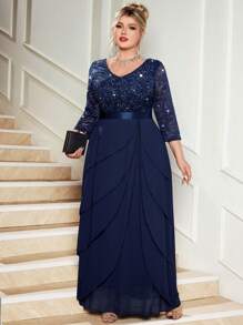 Đầm maxi cỡ lớn cổ chữ V đính sequin, ren hoa, viền bèo nhún bằng chiffon, thanh lịch cho các bữa tiệc trang trọng, đám cưới, năm mới, dạ hội mùa đông, lễ tốt nghiệp, sinh nhật, lễ hội trường và các dịp khác. - Màu xanh hải quân - Xem 6