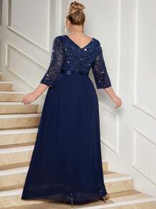 Đầm maxi cỡ lớn cổ chữ V đính sequin, ren hoa, viền bèo nhún bằng chiffon, thanh lịch cho các bữa tiệc trang trọng, đám cưới, năm mới, dạ hội mùa đông, lễ tốt nghiệp, sinh nhật, lễ hội trường và các dịp khác. - Màu xanh hải quân - Xem 3
