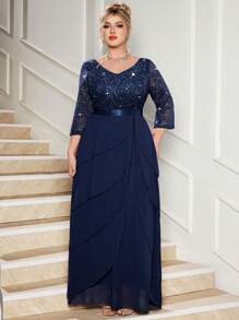 Đầm maxi cỡ lớn cổ chữ V đính sequin, ren hoa, viền bèo nhún bằng chiffon, thanh lịch cho các bữa tiệc trang trọng, đám cưới, năm mới, dạ hội mùa đông, lễ tốt nghiệp, sinh nhật, lễ hội trường và các dịp khác. - Màu xanh hải quân - Xem 5