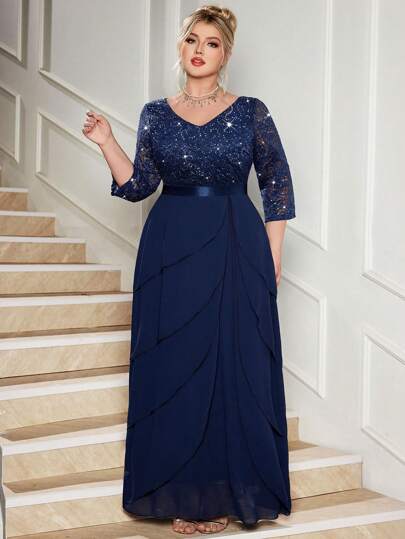 加大码V领亮片花卉蕾丝荷叶边雪纺下摆晚宴派对长裙，优雅舞会正式婚礼宾客礼服，新年礼服，冬季礼服，毕业典礼、生日、返校节等场合均可穿着