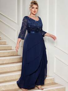 Đầm maxi cỡ lớn cổ chữ V đính sequin, ren hoa, viền bèo nhún bằng chiffon, thanh lịch cho các bữa tiệc trang trọng, đám cưới, năm mới, dạ hội mùa đông, lễ tốt nghiệp, sinh nhật, lễ hội trường và các dịp khác. - Màu xanh hải quân - Xem 9