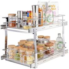 Tier 14"W X 21"D Pull Out Cabinet Organizer, Heavy Duty Slide Out Pantry Shelves, Chrome-Plated Steel Roll Out Drawers, Sliding Drawer Storage For Inside Kitchen Cabinet, Bathroom, Under Sink, Kitchen Storage Rack For Pots, Pans & Lids - Durable Organizer With Adjustable Dividers, Ideal For Cabinet Organization, Includes Space For Cutting Boards & Grilling Accessories, Utensil Organization, Adaptable Shelf, Versatile Organizer, Kitchen Organizers And Storage
