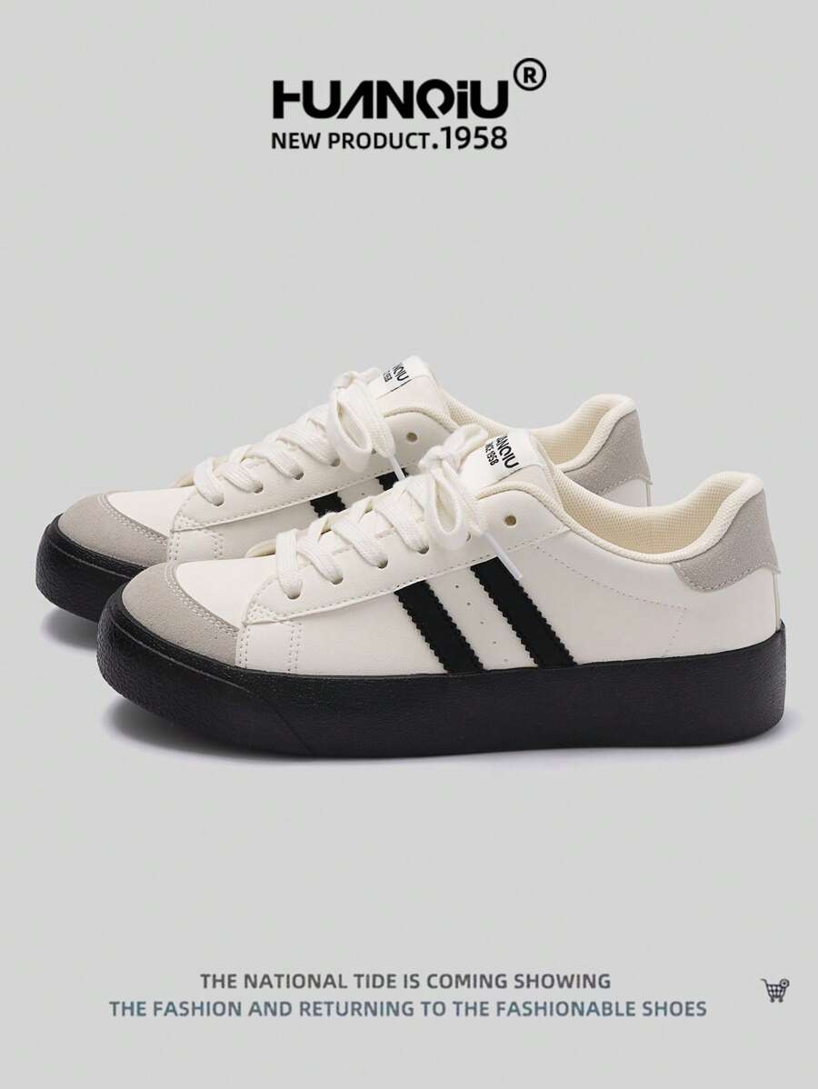 HUANQIU 女士厚底潮流休闲运动鞋 小白鞋 舒适时尚 黑白色 学生休闲装 四季皆宜 - 白色 - 查看 1