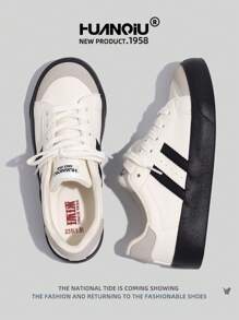 HUANQIU 女士厚底潮流休闲运动鞋 小白鞋 舒适时尚 黑白色 学生休闲装 四季皆宜 - 白色 - 查看 6
