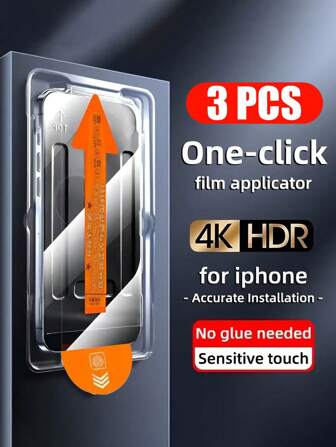 3 Packs Tempered Glass Screen Protector For IPhone 11/12/13/14/15/16 Plus Pro Max/17/17 Air X XR XS MAX, Glossy HD Full Coverage, Easy One-Click Application, Dust-Free Film Applicator