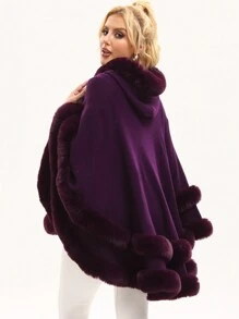 1 Peça Casaco de Suéter Longo Oversized com Capuz, Gola de Pele Sintética de Coelho, Bainha com Franjas, Tecido Acrílico Tricotado, Estilo Europeu e Americano, Novo Outono/Inverno, para Vestido