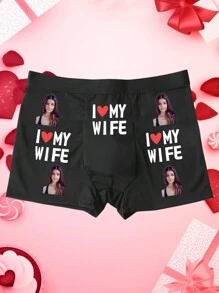Customized Men's Black Sexy Briefs, Customized Photo Print On Front, "I LOVE MY WIFE" Letter Graphic, Customized Name "PROPERTY OF" Letter Print On Back, Fashionable Exclusive Festival Gift