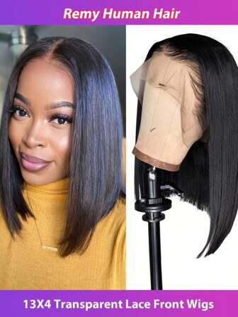 13X4 透明蕾丝前部 180% 密度巴西雷米真人发假发预拔自然发际线短直波波头女士假发，自然 1B 色蕾丝前部真人发短波波头假发 8-16 英寸