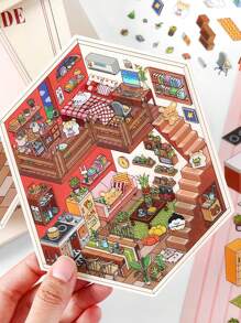 3pcs Cute Mini House 2.5D Landscape Sticker, "My Little House" Series DIY Scene Decoration Sticker,School Supplies,Back To School