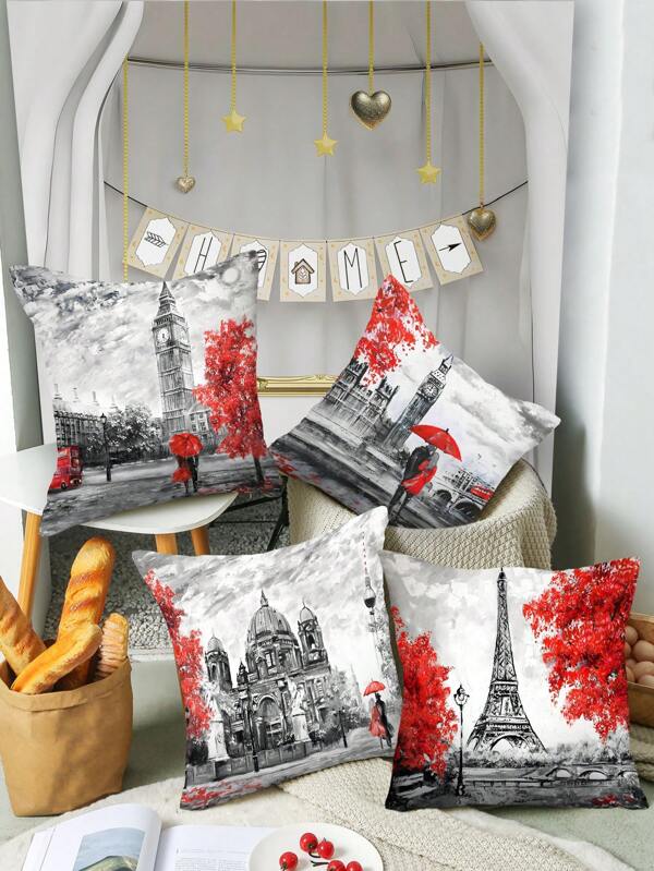 Set de 4 fundas de cojín con estampado de tinta roja para parejas, con cremallera extraíble, de poliéster lavable a máquina, adecuadas para decorar diferentes habitaciones, interiores y exteriores, accesorios para el hogar, cama, sofá, silla