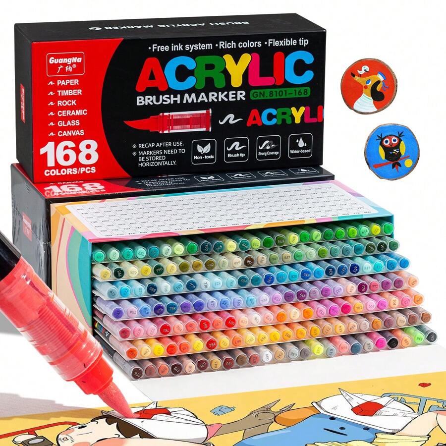 GuangNa 168 Colors Acrylic Marker Pens, Soft Tip, No Pressure Required ...
