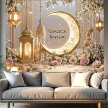 1pc Elegant Ramadan Wall Banner, Polyester Gold Crescent Moon And Lanterns Design, Durable Room And Party Wall Decor, Suitable For New Year And Eid Festival Home Decoration - Multicolor - View 2
