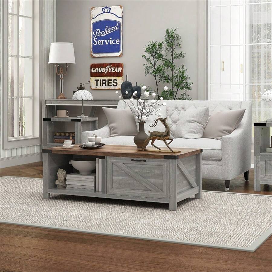 Mesa de centro de estilo granja con almacenamiento, gris envejecido | 2 estantes, 1 cajón, pie ajustable | 46" de ancho x 23.25" de profundidad x 16" de alto | Tablero de partículas de grado P2, diseño retro de puerta de granero | Fácil montaje, construcción resistente, capacidad de carga de 132 libras