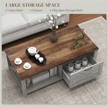 Mesa de centro de estilo granja con almacenamiento, gris envejecido | 2 estantes, 1 cajón, pie ajustable | 46" de ancho x 23.25" de profundidad x 16" de alto | Tablero de partículas de grado P2, diseño retro de puerta de granero | Fácil montaje, construcción resistente, capacidad de carga de 132 libras