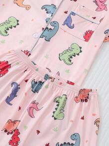 HOREA 2pcs/Set Cute Dinosaur Print Women Pajamas Set, Short Sleeve Lapel Top & Loose Elastic Shorts, Casual Sleepwear & Loungewear All Season For Ladies, Two Pieces Set - 粉色 - 查看 8