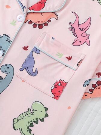 2pcs/Set Cute Dinosaur Print Women Pajamas Set, Short Sleeve Lapel Top & Loose Elastic Shorts, Casual Sleepwear & Loungewear All Season For Ladies, Two Pieces Set