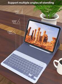 可拆卸无线蓝牙键盘保护套，兼容iPad，支持自动休眠/唤醒功能，内置150mAh电池，超薄轻巧支架，带笔槽 - 紫灰色 - 淡紫色 - 查看 7