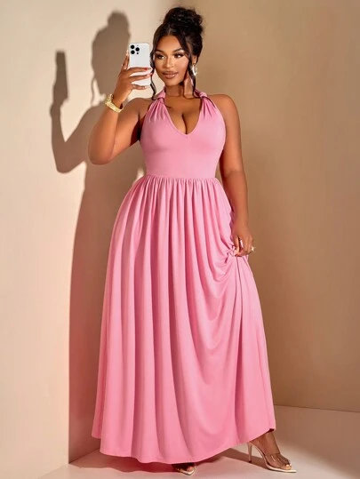 BIUBIU 春夏新款大码休闲优雅约会度假派对低领露肩女式 A 字连衣裙