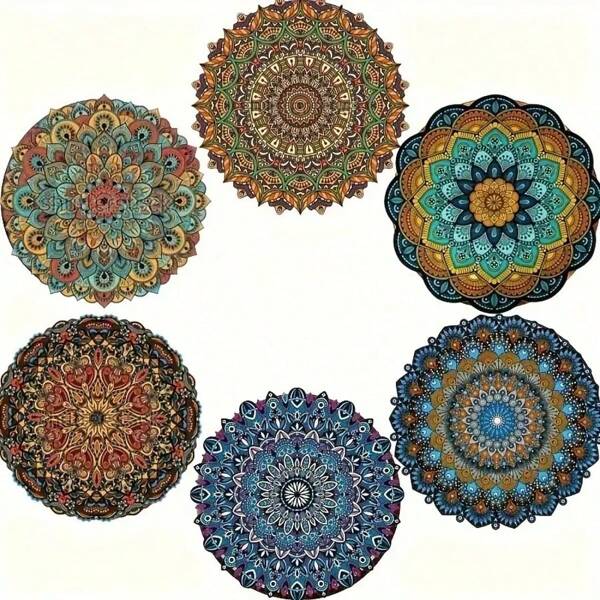 6pcs Mandala Floral Wooden Coaster Set