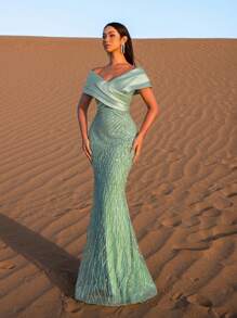 Faeriesty 女士露肩短袖鱼尾晚礼服 - 优雅正式礼服，闪亮细节，适合黑领结晚宴、婚礼招待会、慈善舞会、公司宴会和红毯活动派对。 - 薄荷綠 - 查看 4