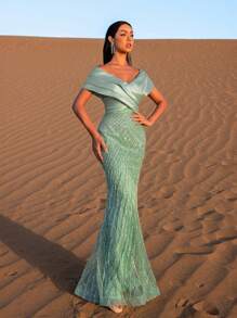 Faeriesty 女士露肩短袖鱼尾晚礼服 - 优雅正式礼服，闪亮细节，适合黑领结晚宴、婚礼招待会、慈善舞会、公司宴会和红毯活动派对。 - 薄荷綠 - 查看 5