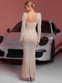 Luxury Mesh Material Sparkly Rhinestone Studded Square Neck Fitted Long Backless Fish Tail Evening Party Dress, Wedding Guest Dress, Formal Dress,Gown
