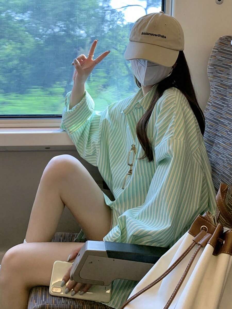 韩版薄款条纹开衫宽松长袖衬衫女装高品质美感秋季