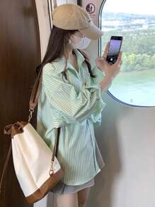 韩版薄款条纹开衫宽松长袖衬衫女装高品质美感秋季