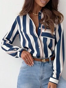 Women's Button Front Long Sleeve Striped Casual Blouse, For Everyday Wear