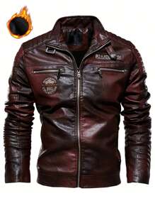 Men Long Sleeve Letter Patched Zip Up PU Leather Thermal Lined Jacket, For Fall Winter - Burgundy - View 2